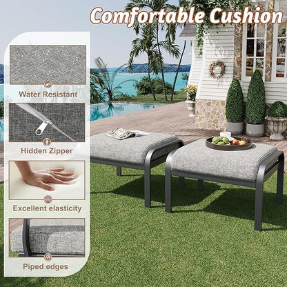 HOMREST Metal Outdoor Ottoman, 2-Piece Aluminum Footstool w/Removable Cushion, Multipurpose Footrest Stool Additional Seating, Set of 2 Outdoor Ottomans for Patio Deck (Grey)