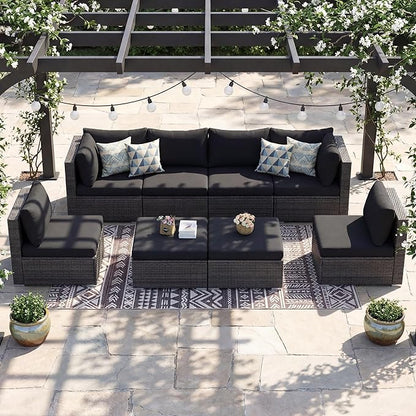 NICESOUL 8 Piece Outdoor Patio Set, 29.3'' High Back Extra Large Wicker Patio Furniture, Deep Seating Comfy L Shaped Modular Sectional Set of 8, Modern Wide Conversation, 2 Color Cushion Black & Gray
