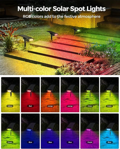 Solar Spot Lights Outdoor, 12 Color Modes Landscape Light Waterproof IP67 with Remote, 2-in-1 Color Changing/Cool/Warm White Solar Lights Outdoor for Yard Trees Garden Pool(Multicolor, 2 Pack)