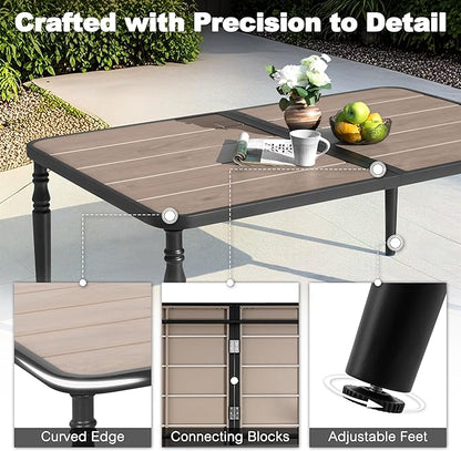 NUU GARDEN Patio Dining Table for 6, 61” x 37” Large Rectangle Metal Table with Wood-Grain Tabletop, Outdoor Table with 2.1” Umbrella Hole for Backyard, Lawn, Garden, Black