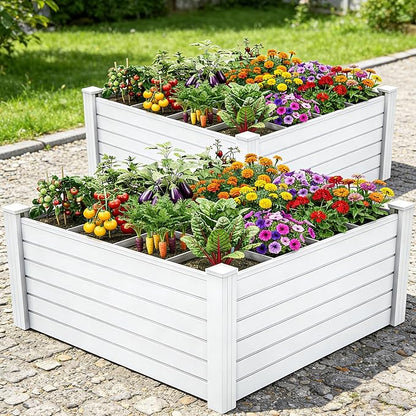 YITAHOME 48x48x24 in Plastic Raised Garden Bed 2pcs with Growth Grid, Large Outdoor Vinyl Planter Box for Plants, Vegetables, and Flowers, Easy Installation, White