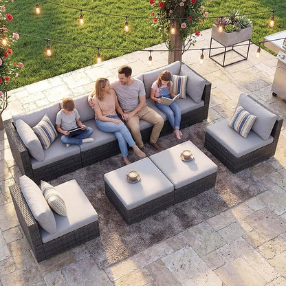 NICESOUL 8 Person Outdoor Patio Furniture Set, Extra Large Wicker Sectional Sofa with Ottoman, All-Weather Wide and Deep Seating Conversations for Outside Garden, 29.3'' High Back Comfy Couches,Grey