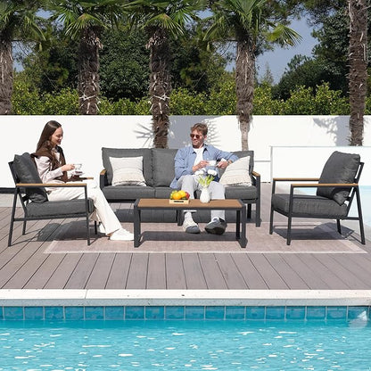 Patio Furniture Set, 4 Pieces Outdoor Furniture Patio Conversation Set with High Back, Faux-Wood Armrest and Tabletop, Outdoor Couch Patio Sofa Set for Balcony, Porch, Backyard, Grey