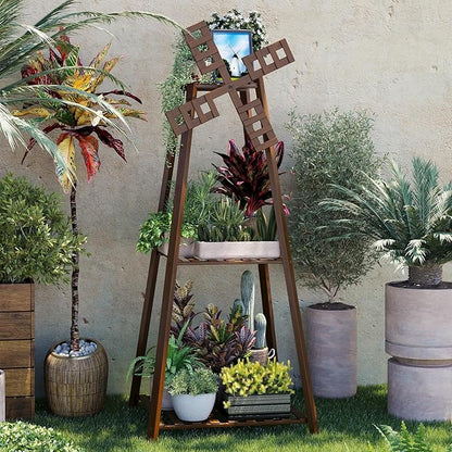 COPREE 3-Tier Tower Plant Stand Display Rack with Windmill Top,Bamboo Vintage Flower Pot Holder Shelf for Patio Balcony Decoration