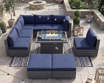 NICESOUL 9 Piece Oversized Outdoor Patio Furniture Set, 29.3'' High Back Comfy Sectional Sofa Set with Firepit Natural Gas & Propane, Deep Seating Conversation Couches, 2 Color Cushion Navy & Gray