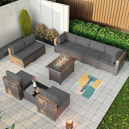 Kullavik 10 Pieces Outdoor Patio Furniture Set with 43" 55000BTU Gas Propane Fire Pit Table PE Wicker Rattan Sectional Sofa Patio Conversation Sets,Grey
