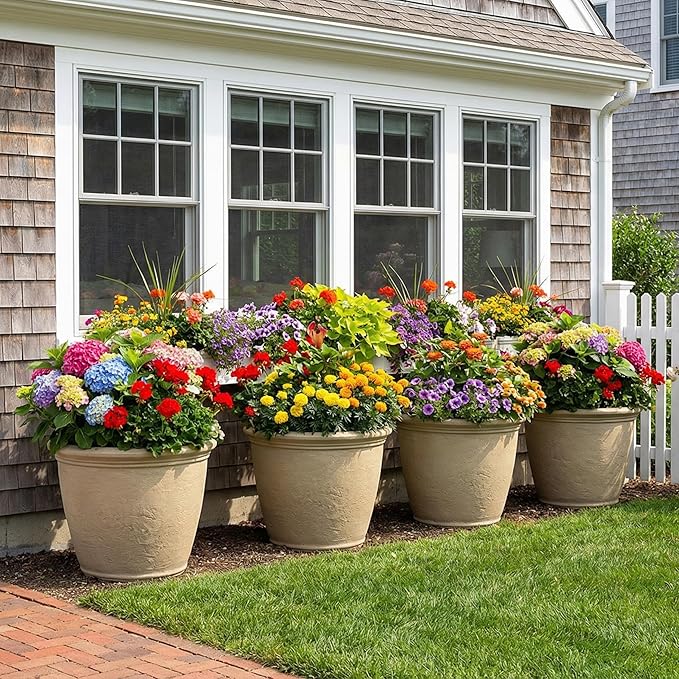 Sunnydaze 20-Inch Anjelica Large Plastic Pot for Plants - Outdoor Double-Walled Large Plastic Planter with Drillable Drainage Holes - Beige - 4pk