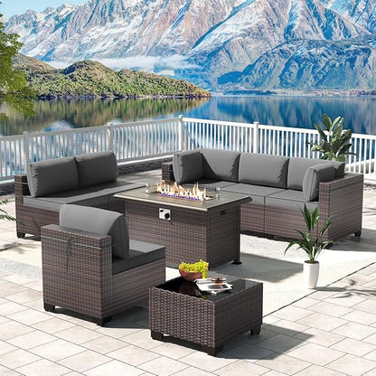Kullavik 8 Pieces Outdoor Patio Furniture Set with 43" 55000BTU Gas Propane Fire Pit Table PE Wicker Rattan Sectional Sofa Patio Conversation Sets,Grey