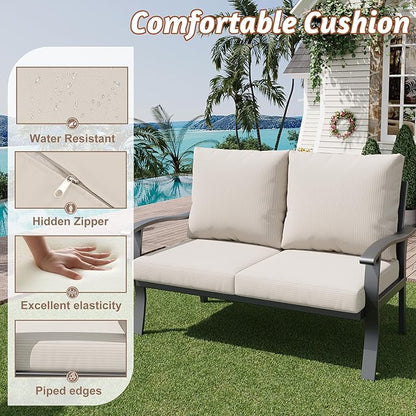 HOMREST Outdoor Loveseat Aluminum Patio Furniture Sofa, All-Weather Metal Outdoor Couch with Cushions, Beige