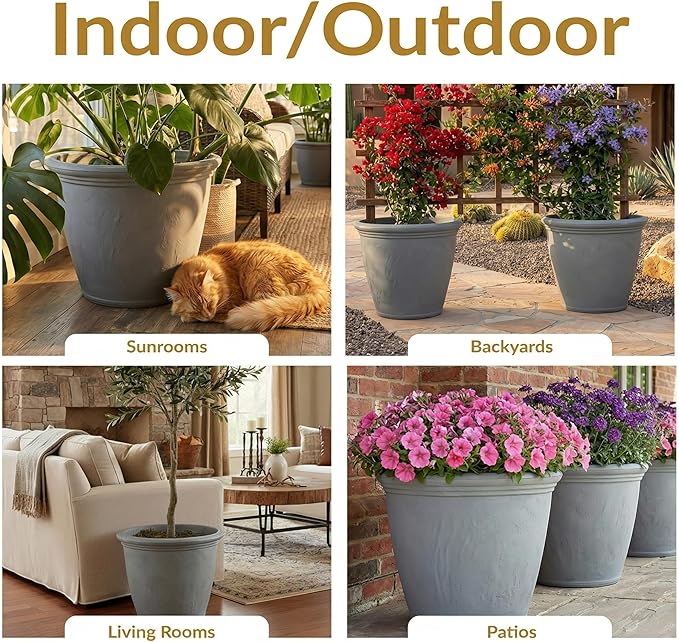 Sunnydaze 20-Inch Anjelica Large Plastic Pot for Plants - Outdoor Double-Walled Large Plastic Planter with Drillable Drainage Holes - Light Gray - 4pk