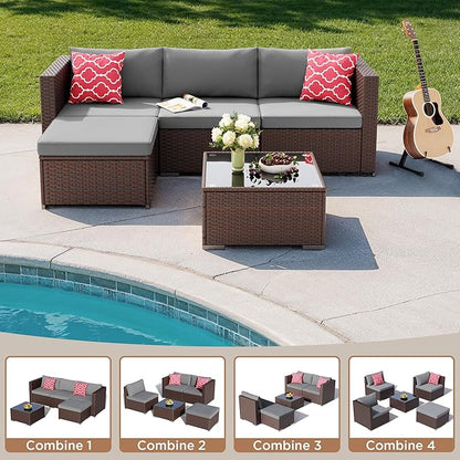Aiho 5 Pieces Patio Furniture Set All-Weather Outdoor Wicker Sectional Patio Furniture with Cushion and Glass Table (Grey)