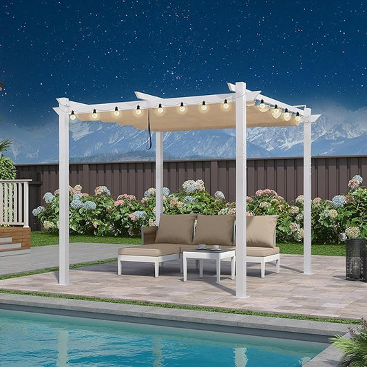 PURPLE LEAF 10' x 10' Outdoor Aluminum Pergola White Heavy-Duty Retractable Pergola Patio Metal with Double Sun Shade Canopy and Light for Backyard Gardens Deck, Khaki