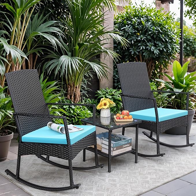 Conversation Set, 3-Piece Wicker Rocking Chairs with Coffee Table, Blue