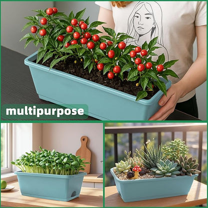 Window Box Planter, 12 Pack Plastic Vegetable Flower Planters Boxes 17 Inches Rectangular Flower Pots with Saucers for Indoor Outdoor Garden, Patio, Home Decor (Brick RED) (Sky Blue)