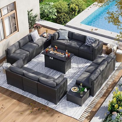 Aoxun 15 Piece Patio Furniture Set with 44” Fire Pit Table Wicker Rattan Patio Sectional Sofa Set Outdoor Seating Furniture with Thickened Cushion, Grey