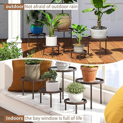 Plant Stand Indoor Outdoor 5 Pack Heavy Duty Metal Stand Multiple Plants, Anti-Rust Iron Flower Pot Stand Decoration Racks Plant Pot Shelf for Living Room Garden Balcony (Brown)