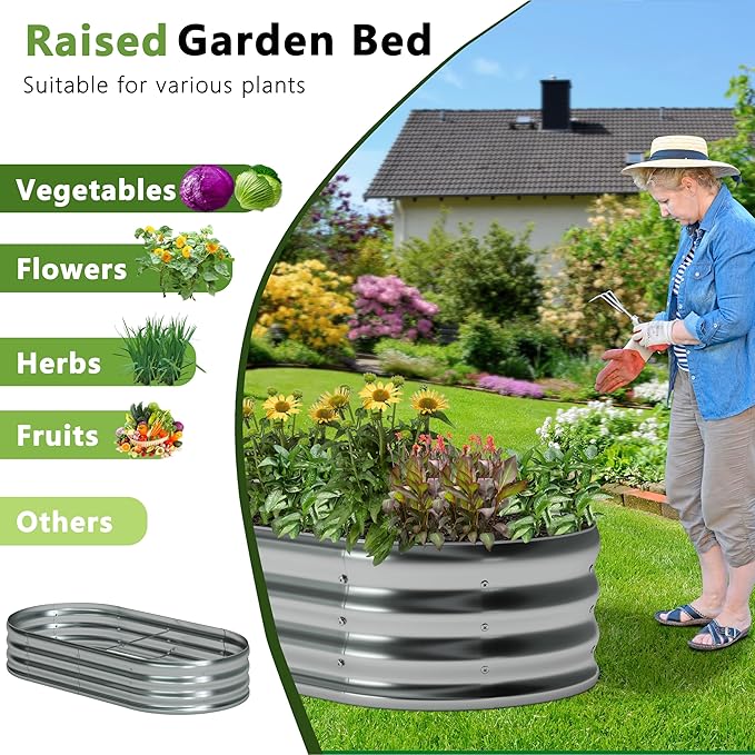 8x4x1ft(2 Pack) Galvanized Oval Raised Garden Bed,Outdoor Planter Box Metal Patio Kit Planting Bed for Vegetables Flowers Herb,Silver