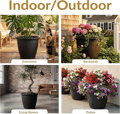 Sunnydaze 24-Inch Anjelica Large Plastic Pot for Plants - Outdoor Double-Walled Large Plastic Planter with Drillable Drainage Holes - Matte Black - 2pk