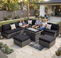 NICESOUL 10 Pcs Outdoor Sectional Set with Natural Gas/Propane Firepit Table, 29.3'' High-Back Patio Furniture Sofa Set, Oversized Rattan Couches for Backyard Garden Lawn, 2 Color Cushion Black & Gray