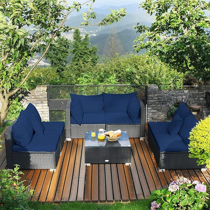 Tangkula 7-Piece Patio Furniture Set, Outdoor Sectional Wicker Sofa with Pillows and Cushions, Conversation Set with Coffee Table & Tea Table for Garden, Lawn (Navy Blue)