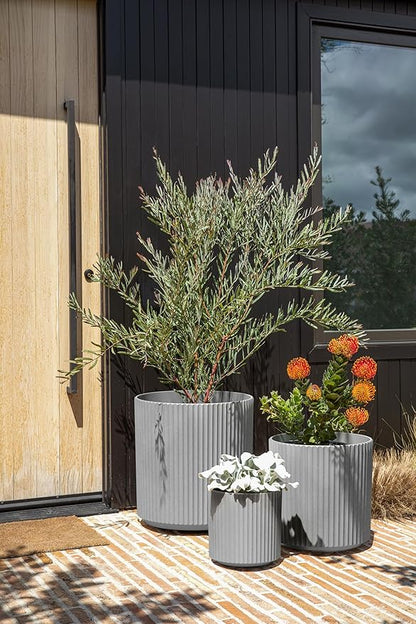 Veradek Demi Series Set of 3 Round Planters for Porch, Patio, Backyard | Durable Plastic-Concrete Material | Modern Décor for Tall Plants, Flower