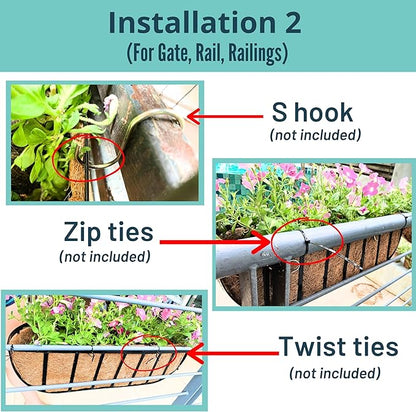 LaLaGreen Fence Planters for Outdoor Plants (24 Inch, 4 Pack) Black Metal Window Boxes Planter To Attach To House, Wall Mounted Flower Coco Baskets Outside Deck Railing Balcony Garden Porch Patio Rail