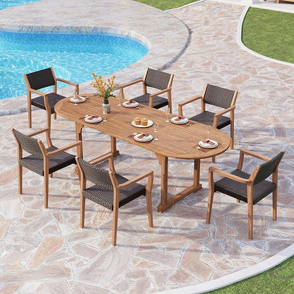 PHI VILLA Outdoor Acacia Wood Expandable Table for 6-8, Extendable Wooden Dining Table with Slat Design, Large Rectangular Farmhouse Dining Furniture for Patio, Deck, Porch, Backyard