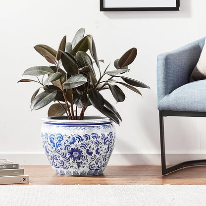 Red Lantern 16" Floral Blue & White Porcelain Fishbowl Planter