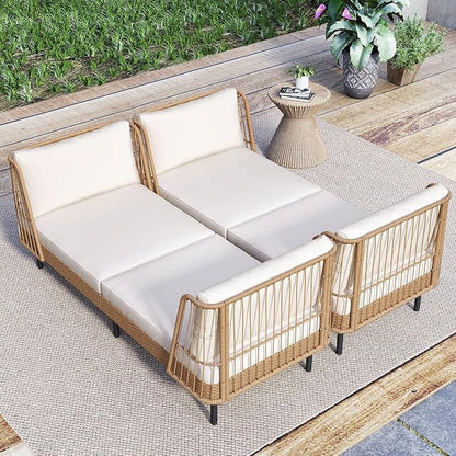 Tangkula Patio Rattan Daybed, Boho Outdoor Wicker Lounge Sofa with Seat & Back Cushions, 2-Seat Bench Sun Lounger Chair with Robust Metal Legs for Deck, Backyard, Porch, Poolside (1, Off White)