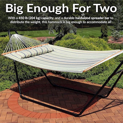 Sunnydaze Quilted Outdoor Hammock with Spreader Bars - Heavy-Duty 450-Pound Capacity Double Hammock for Outside - Khaki Stripe