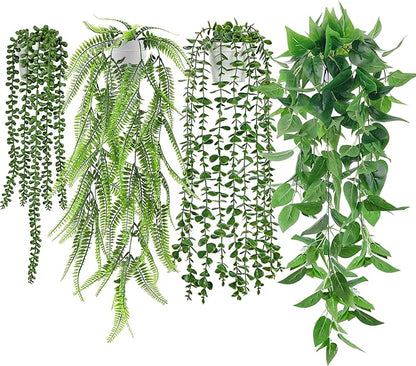Der Rose 4Pcs Fake Plants Hanging Artificial Ivy Vine Faux Eucalyptus Hanging Plants, Boston Fern, String of Pearls for Living Room Bedroom Boho Wall Shelf Indoor Outdoor Decor (White Pots)