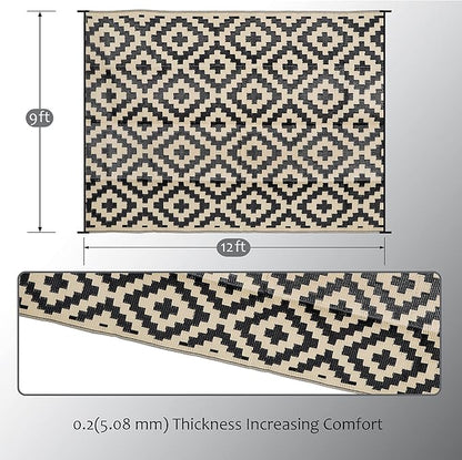 SAND MINE Waterproof Outdoor Rug 9x12 ft, Plastic Reversible Rug, Modern Area Rug, Large Floor Mat for Outdoors, RV, Patio, Backyard, Deck, Picnic, Beach, Camping