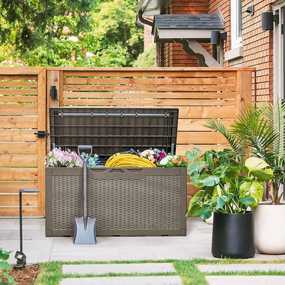 Deck Box 100 Gallon Brown Resin with Lockable Flip Top