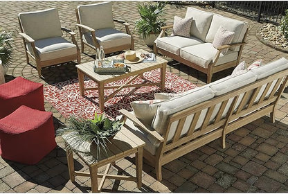 Signature Design by Ashley Clare View Outdoor Patio Sofa, 4 Throw Pillows, Nuvella Weather Resistant Fabric, Eucalyptus Wood, 81" W x 35" D x 32" H, Beige