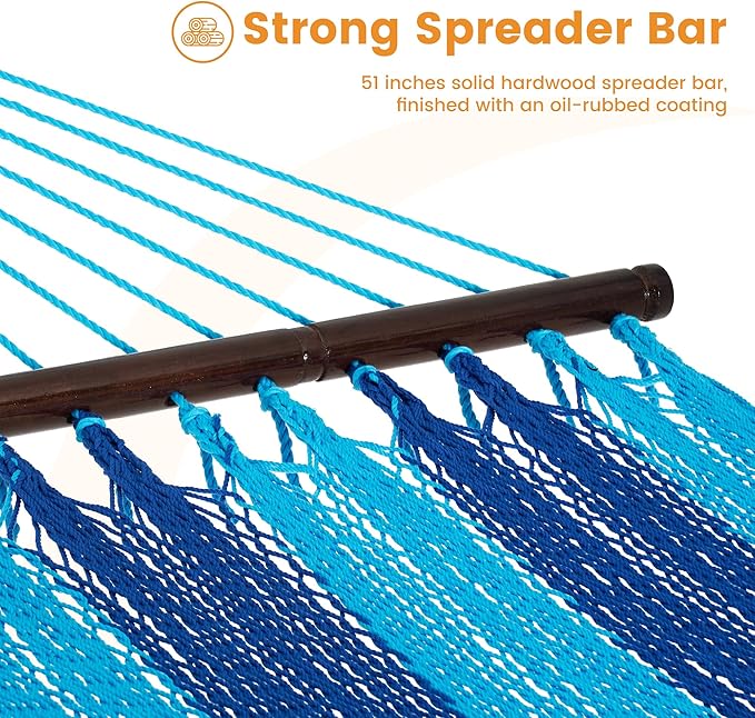Lazy Daze Hammocks 10.5 FT Double 2 Person Caribbean Rope Hammock, Hand Woven Polyester Hammock with Spreader Bars, for Outside Outdoor Backyard Patio Poolside, 450 LBS Capacity, Blue/SkyBlue
