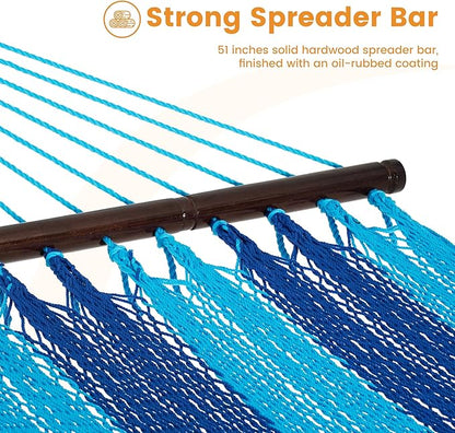 Lazy Daze Hammocks 10.5 FT Double 2 Person Caribbean Rope Hammock, Hand Woven Polyester Hammock with Spreader Bars, for Outside Outdoor Backyard Patio Poolside, 450 LBS Capacity, Blue/SkyBlue