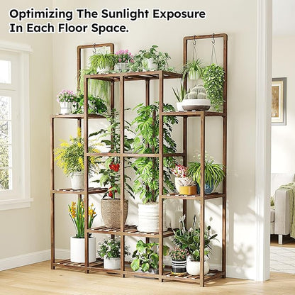 EnHomee Plant Stand Indoor Wood Plant Stand Outdoor Plant Shelf with 14-18 Potted Double Rod Large Plants Holder 440LBS Plants Shelves for Living Room Patio Balcony Yard Garden 44.8''W×11.6''D×47''H