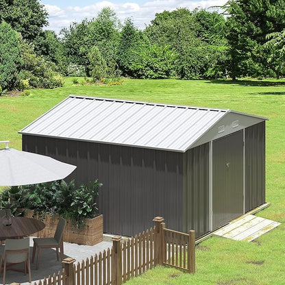 Greesum 10×10FT Outdoor Storage Shed, Metal Patio Storaged Sheds with Lockable Doors, Sheds & Outdoor Storage for Bike, Backyard, Pool and Garden, Gray