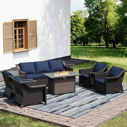 Joyside Wicker Patio Furniture Sets, 6 Pieces Upgraded Large Size Outdoor Furniture with 4 Swivel Rocking Patio Chairs, 3-Seat Sofa, Fire Table,Thick Cushions, Wide Armrest, Blue