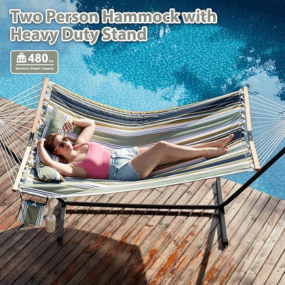 Two Person Hammock with Stand for Outside Heavy Duty, Outdoor Patio Hammock with Portable Steel Stand, Large Double Hammocks,480lbs Capacity.(Grey Stripes)