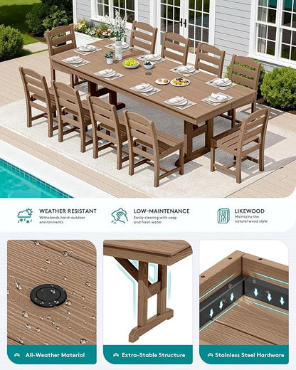 SERWALL 11 Piece Outdoor Dining Set, 84" HDPE Outdoor Large Dining Table and Chairs Set for 10，All Weather Patio Dining Furniture Set with Umbrella Hole for Backyard, Garden, Brown