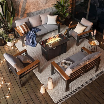 Aoxun Aluminum Outdoor Patio Furniture Set, 8-piece Outdoor Sectional with 44'' Propane Gas Firepit Table, Patio Conversation Sets with Upgraded Armrests and Cushions for Backyard, Garden and Poolside