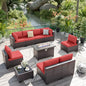 ALAULM 10 Pieces Patio Furniture Set with Propane Fire Pit Table Outdoor Sectional Sofa Sets Patio Furniture 43" Gas Fire Pit Brown PE Rattan Patio Conversation Set w/8 Seat Cushions-Red