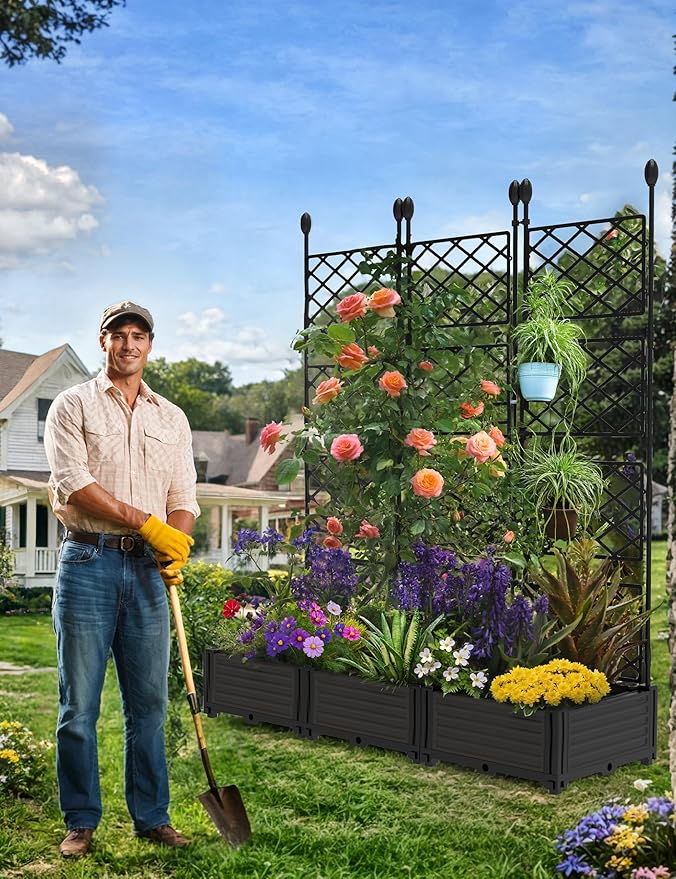 GAOMON 3 PCS Raised Garden Bed with Trellis - 50 in W x 63" Tall Plastic Planter Box for Climbing Plants, Outdoor Vertical Garden with Privacy Screen for Patio, Balcony, Backyard