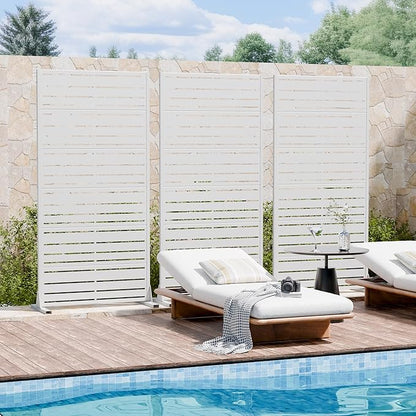 Casaphoria Metal Privacy Screen Outdoor, 72" H x 35" W Freestanding Decorative Privacy Screen for Patio Deck Balcony Garden with Stable Base, White-Benjamin