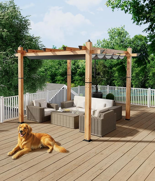 GarveeLife 10 x 10 ft Wood-Grain Aluminum Pergola Outdoor Pergola with Retractable Canopy Sun Shade Shelter for Garde Patio Backyard Deck - Gray