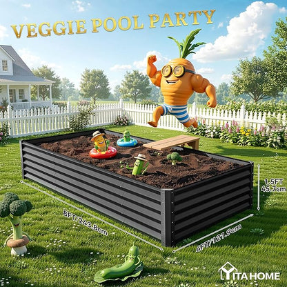 YITAHOME 8x4x1.5ft Large Raised Garden Bed Kit, Galvanized Metal Planter Box with Gloves, Ground Nails & Safety Rubber, Outdoor Above Ground Planters for Plants Vegetables Flowers, Black