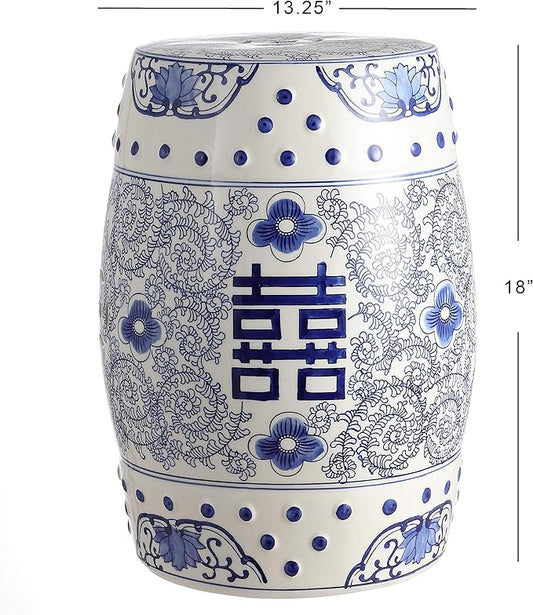 Blue and White Ceramic Garden Stool, 18-Inch Chinoiserie Drum