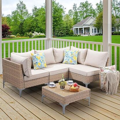 5-Piece Patio Furniture Set, Outdoor Wicker Sectional Sofa with Coffee Table, Anti-Slip & Thick All-Weather Cushions for Party, Garden, Backyard, Beige