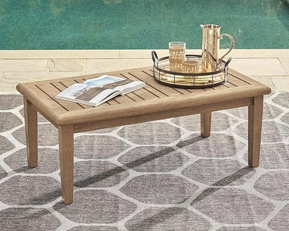 Signature Design by Ashley Gerianne Contemporary Outdoor Rectangular Cocktail Table, Slatted Top Sheds Rainwater, Eucalyptus Wood, 50" W x 26" D x 18.63" H, Beige